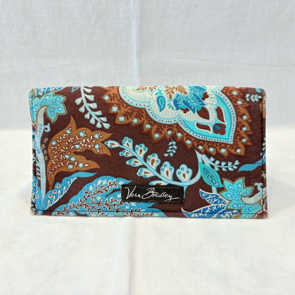 Vera Bradley Checkbook Cover Aqua Blue & Chocolate Brown Floral Flowers